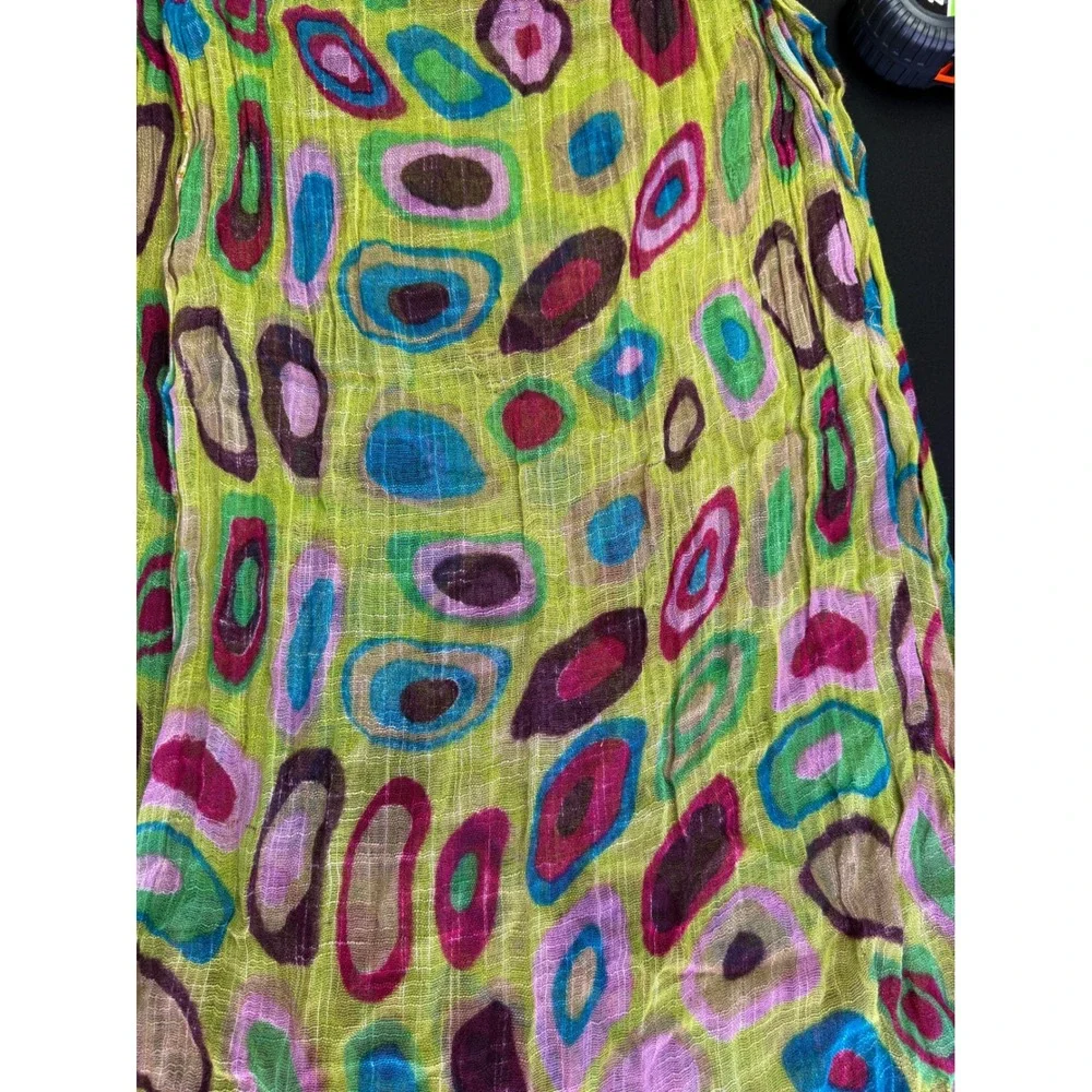 Abstract Circle Print Scarf Green Pink Gauze Fringe Boho Artsy Wrap Eclectic